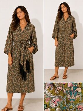 Traffic People Cinch Olive Paisley Midi Button Down Dress Tie Belt Kimono Duster